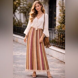 Old Navy Open Stitch Midi Skirt Multi Color Fringe Bottom Boho Hippie Granny XXL